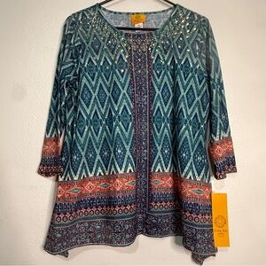 Ruby Rd. Teal and Coral Patterned Boho Tunic. Sz PM. NWT.